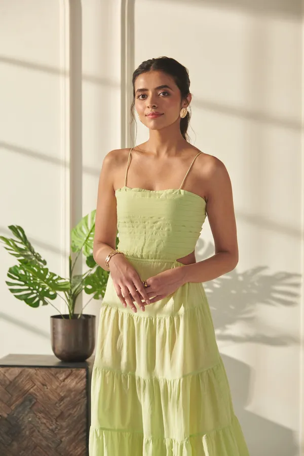Ekvaa_Lime_Green_Cotton_Premium_&_Elegant_Solid_Tired_Dress_For_Women