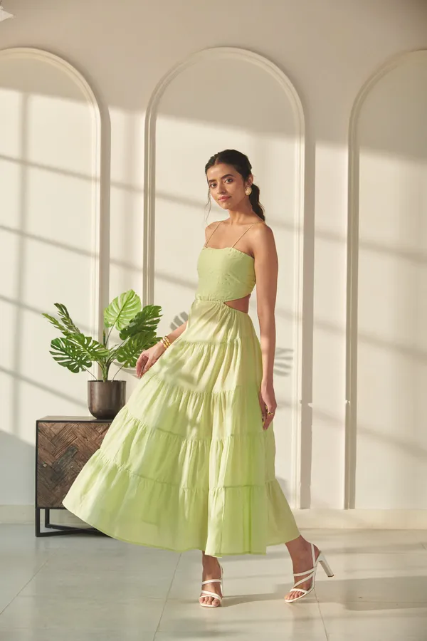 Ekvaa_Lime_Green_Cotton_Premium_&_Elegant_Solid_Tired_Dress_For_Women