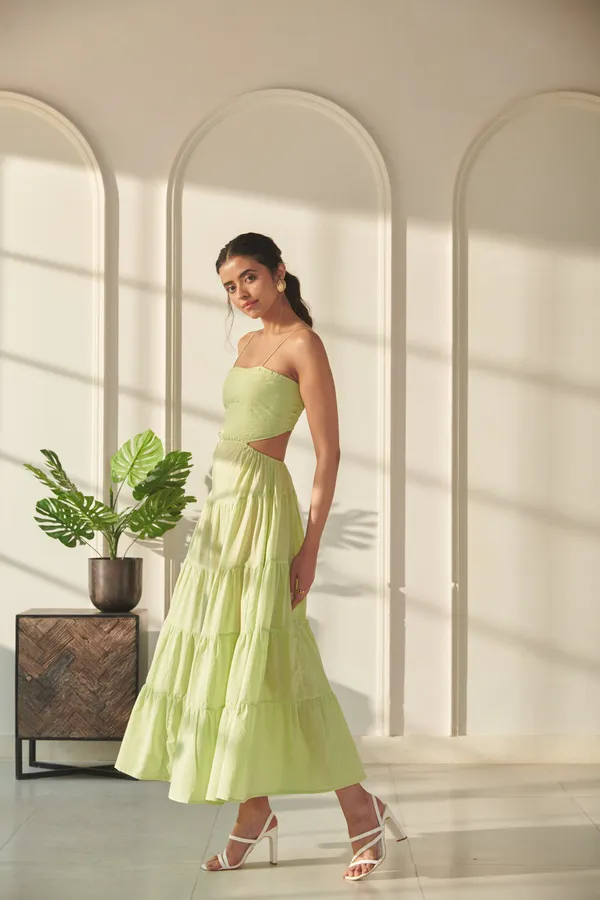 Ekvaa_Lime_Green_Cotton_Premium_&_Elegant_Solid_Tired_Dress_For_Women