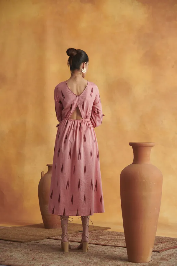 Ekvaa_Peach_Cotton_Premium_&_Elegant_Ikat_Dress_For_Women