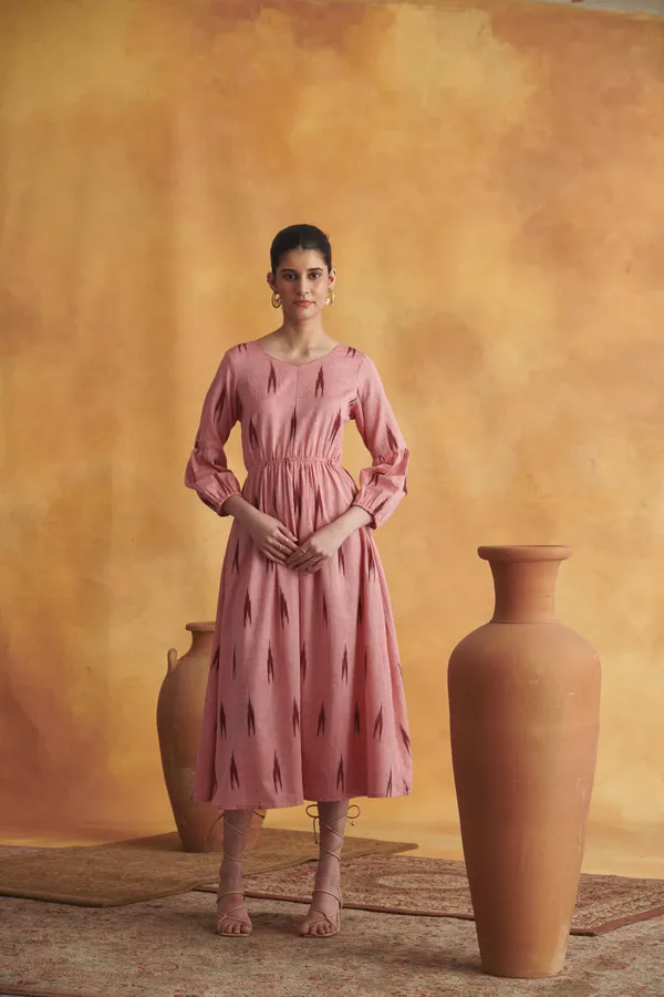 Ekvaa_Peach_Cotton_Premium_&_Elegant_Ikat_Dress_For_Women