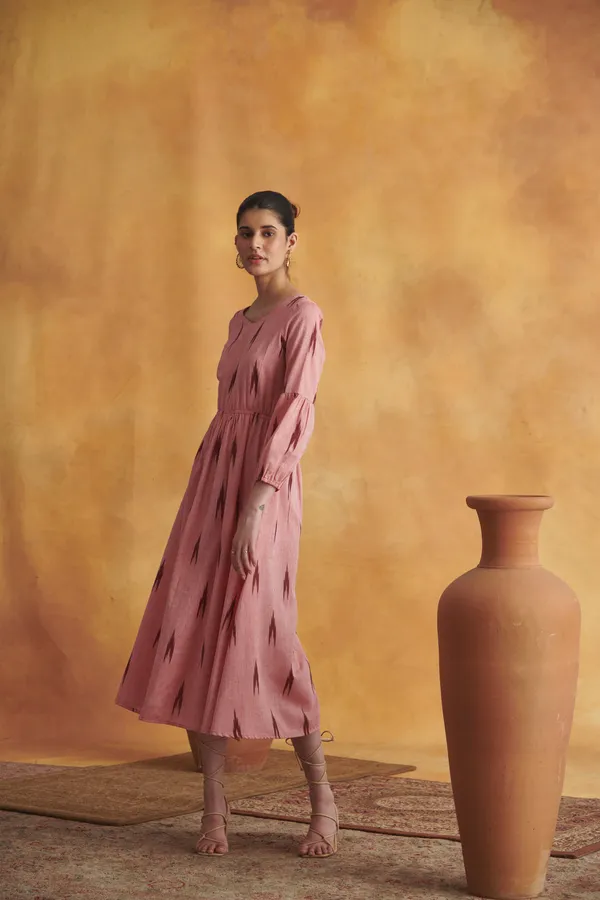 Ekvaa_Peach_Cotton_Premium_&_Elegant_Ikat_Dress_For_Women