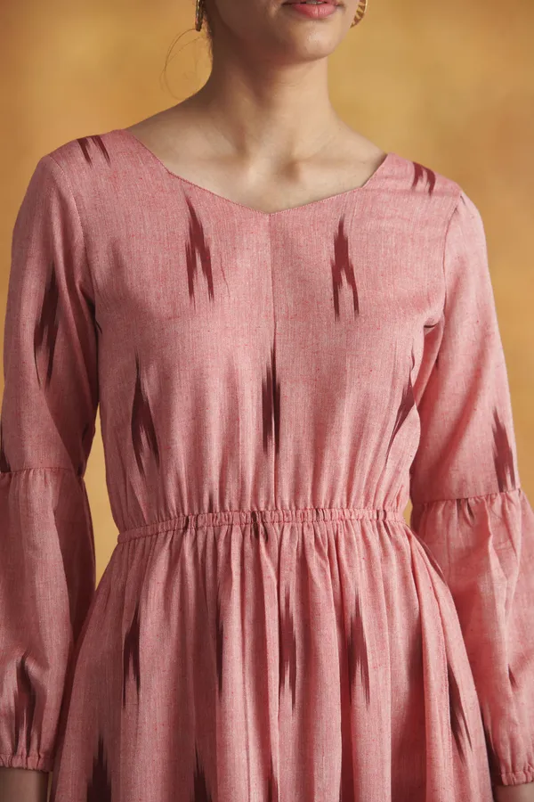 Ekvaa_Peach_Cotton_Premium_&_Elegant_Ikat_Dress_For_Women
