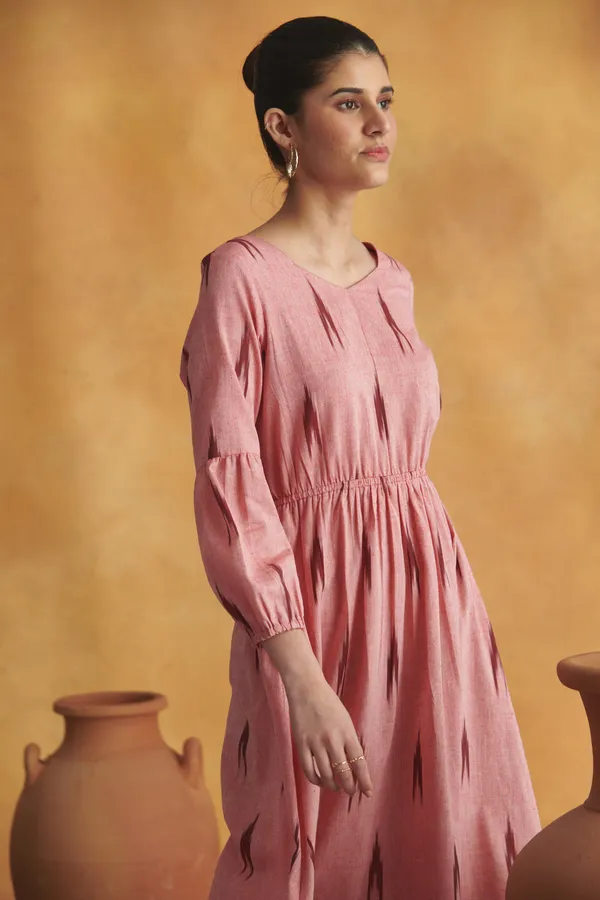 Ekvaa_Peach_Cotton_Premium_&_Elegant_Ikat_Dress_For_Women