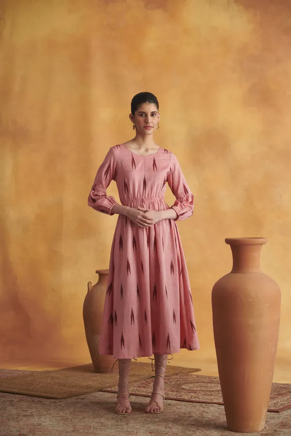 Ekvaa_Peach_Cotton_Premium_&_Elegant_Ikat_Dress_For_Women