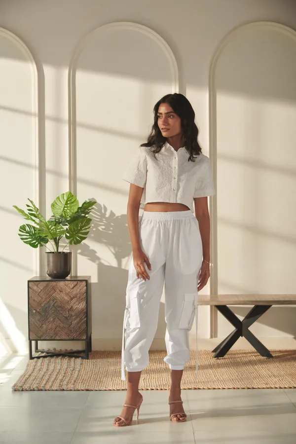 Ekvaa_White_Cotton_Premium_&_Elegant_Solid_Embroidered_Top_And_Cargo_Pant_Co-Ord_Set_For_Women