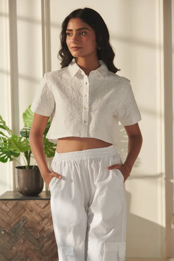 Ekvaa_White_Cotton_Premium_&_Elegant_Solid_Embroidered_Top_And_Cargo_Pant_Co-Ord_Set_For_Women