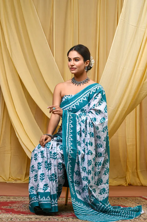 Turquoise_Mulmul_Cotton_Saree_for_Women_With_Blouse_Piece_|_Soft_Cotton_Sari_for_Women_(Flower)