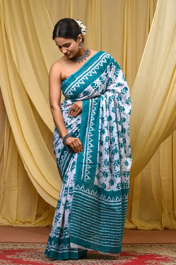 Turquoise_Mulmul_Cotton_Saree_for_Women_With_Blouse_Piece_|_Soft_Cotton_Sari_for_Women_(Flower)