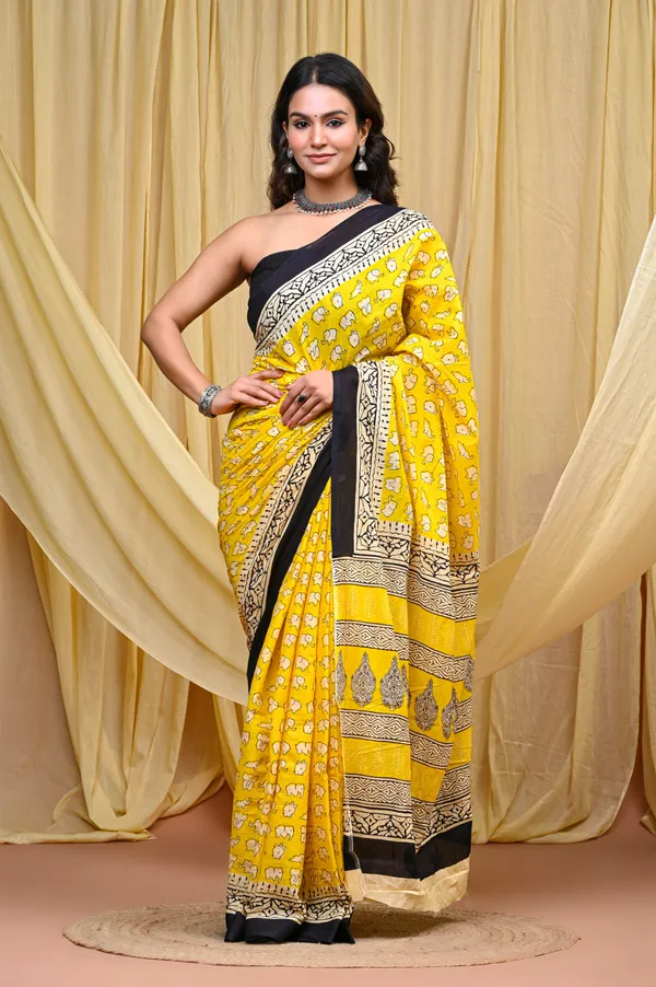 Black_Yellow_Mulmul_Cotton_Saree_for_Women_With_Blouse_Piece_|_Soft_Cotton_Sari_for_Women_(Hathi_Print)
