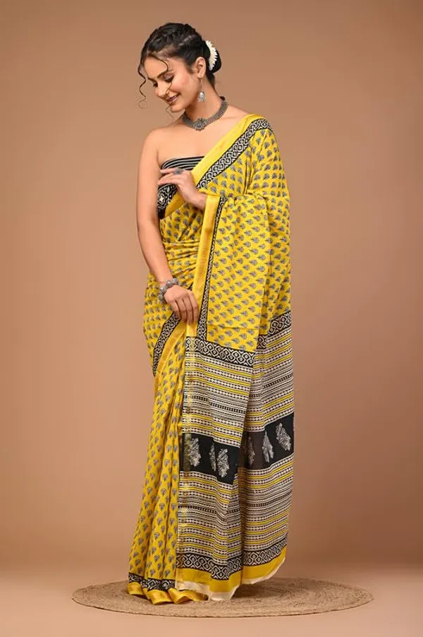 Yellow_Cotton_Block_Prints_Saree_For_Women