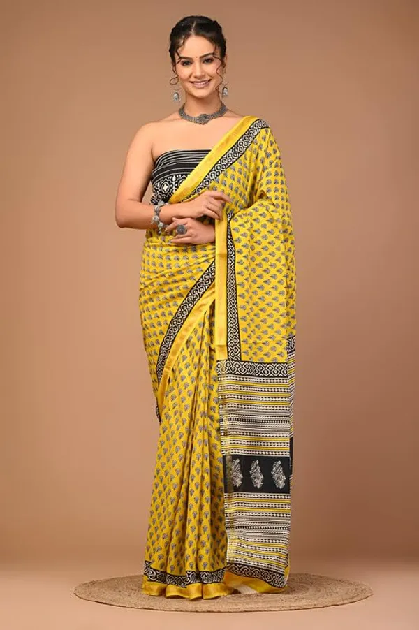 Yellow_Cotton_Block_Prints_Saree_For_Women