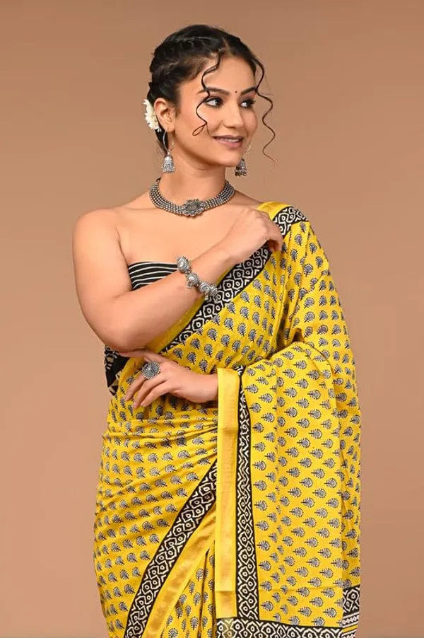 Yellow_Cotton_Block_Prints_Saree_For_Women