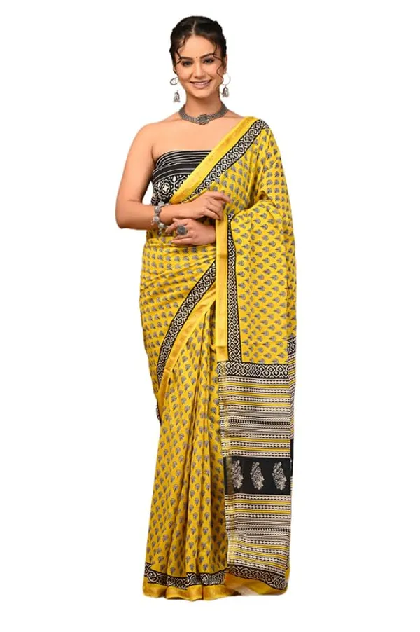 Yellow_Cotton_Block_Prints_Saree_For_Women
