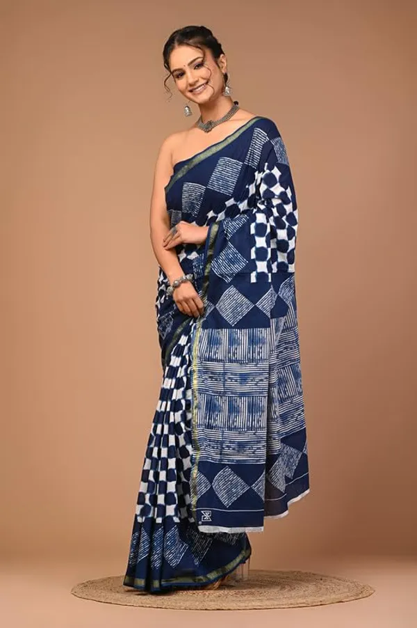 Blue_Cotton_Block_Prints_Saree_For_Women