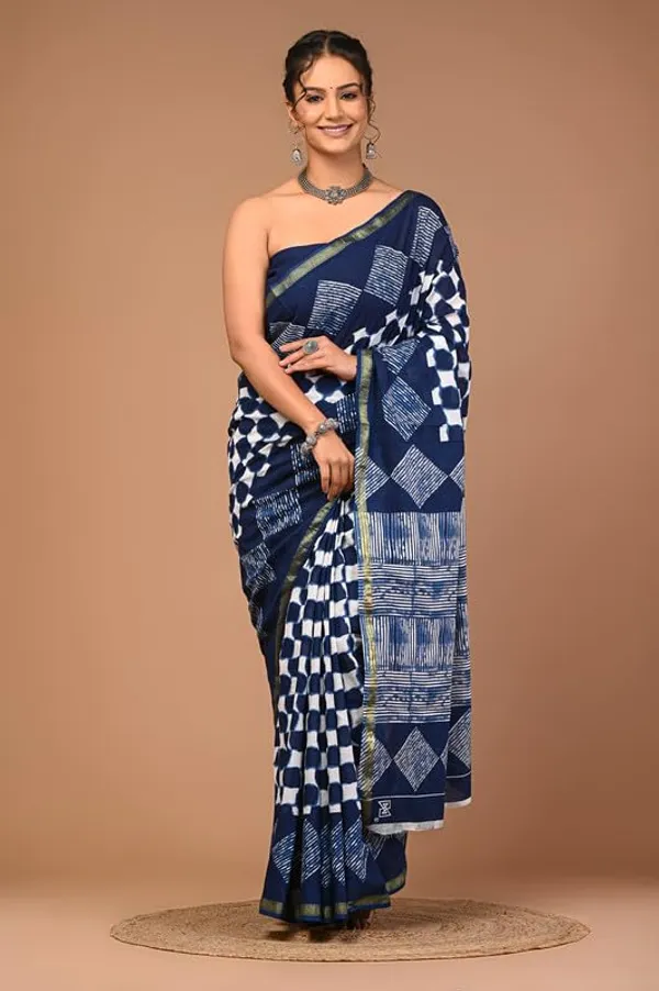 Blue_Cotton_Block_Prints_Saree_For_Women