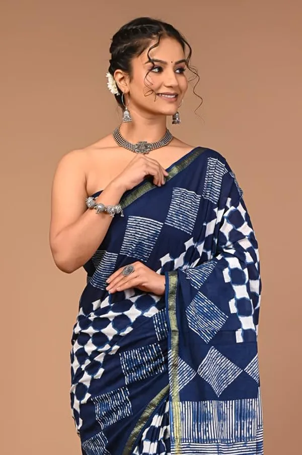 Blue_Cotton_Block_Prints_Saree_For_Women