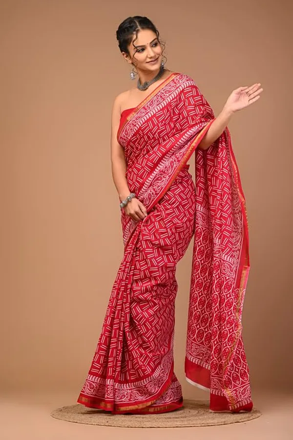 Red_Cotton_Block_Prints_Saree_For_Women