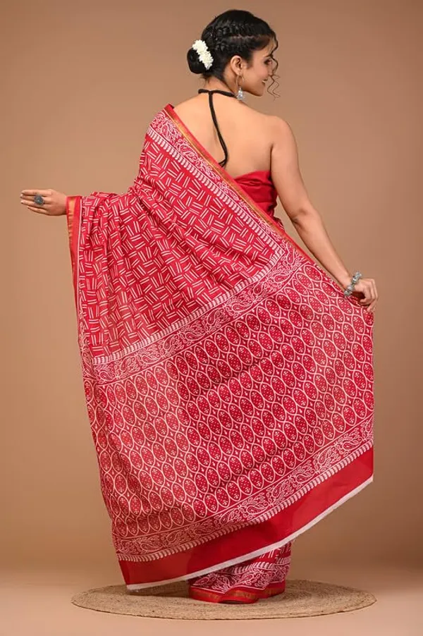Red_Cotton_Block_Prints_Saree_For_Women