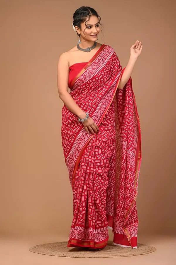Red_Cotton_Block_Prints_Saree_For_Women