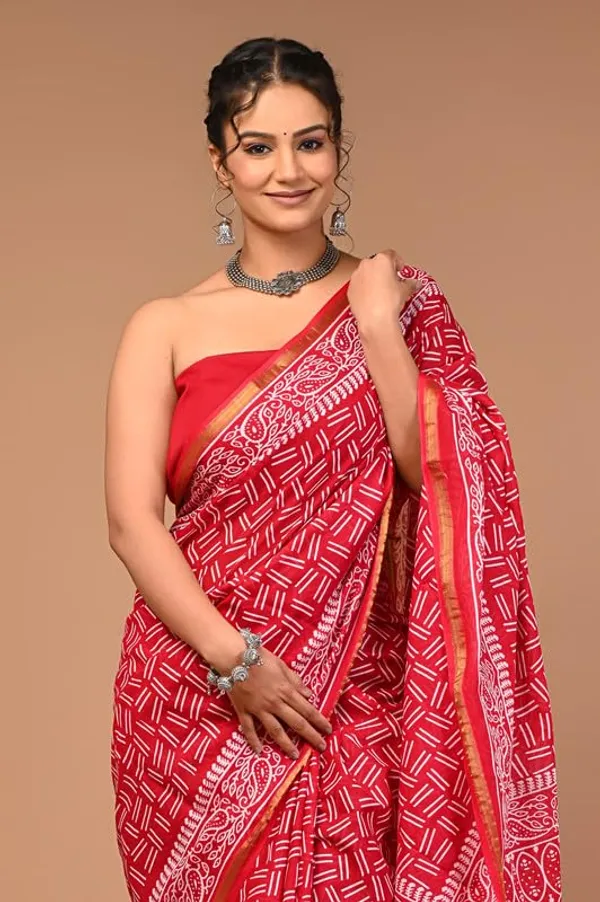 Red_Cotton_Block_Prints_Saree_For_Women