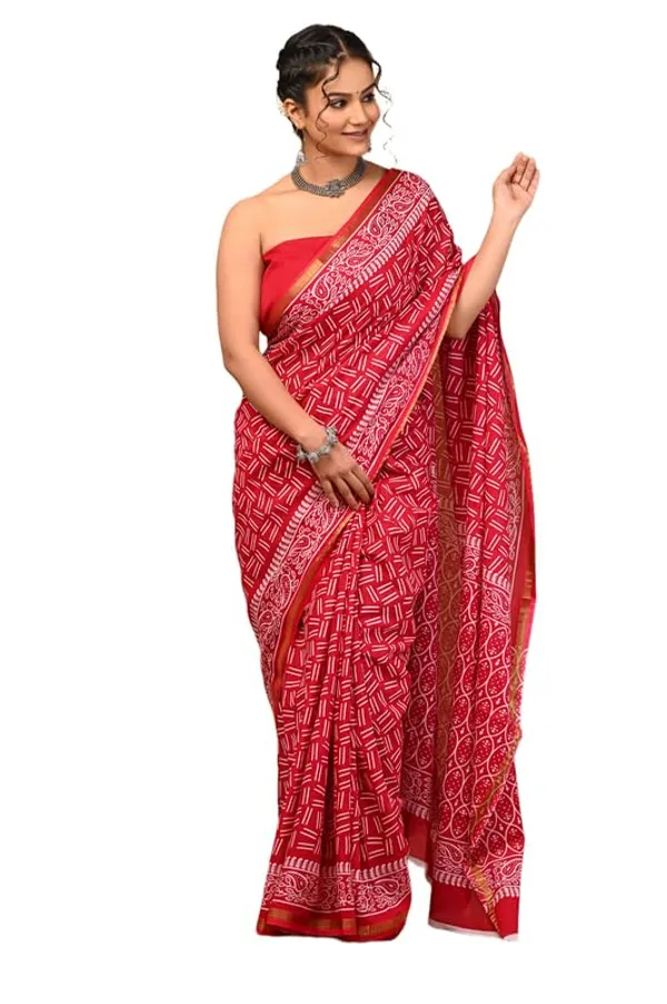 Red_Cotton_Block_Prints_Saree_For_Women
