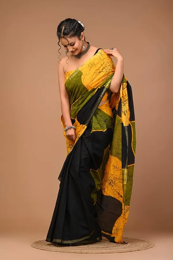 Yellow_&_black_Cotton_Block_Prints_Saree_For_Women