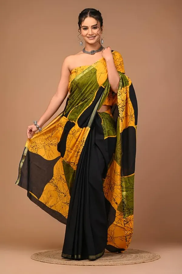Yellow_&_black_Cotton_Block_Prints_Saree_For_Women