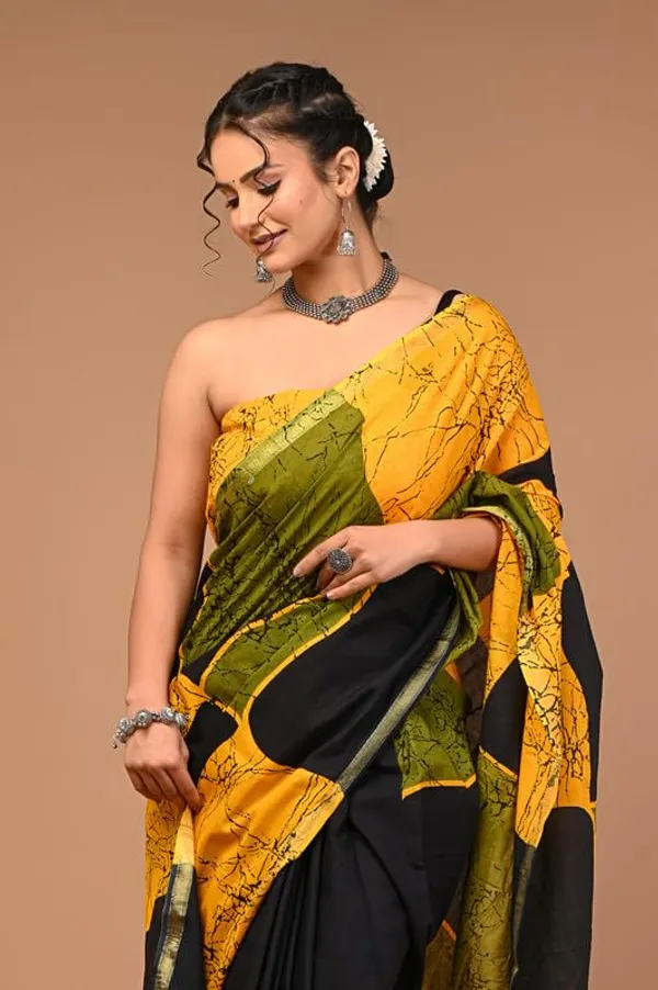 Yellow_&_black_Cotton_Block_Prints_Saree_For_Women