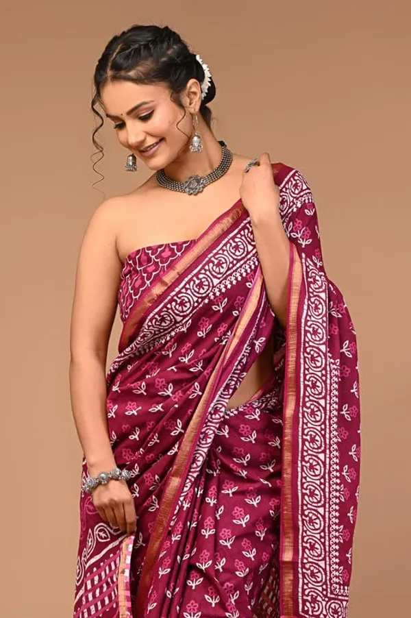 Maroon_Cotton_Block_Prints_Saree_For_Women