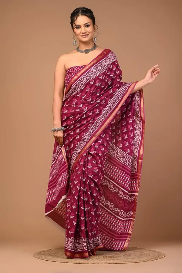 Maroon_Cotton_Block_Prints_Saree_For_Women