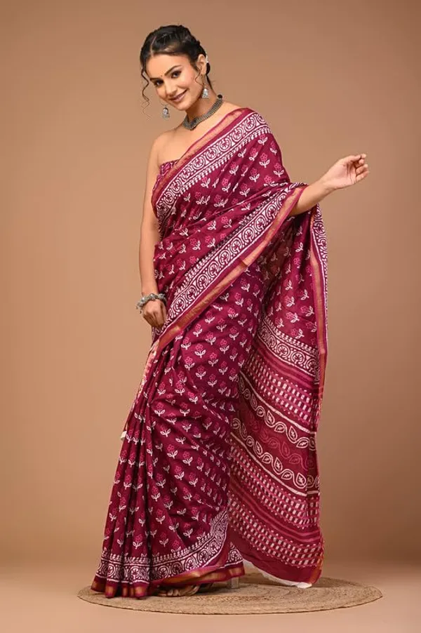 Maroon_Cotton_Block_Prints_Saree_For_Women