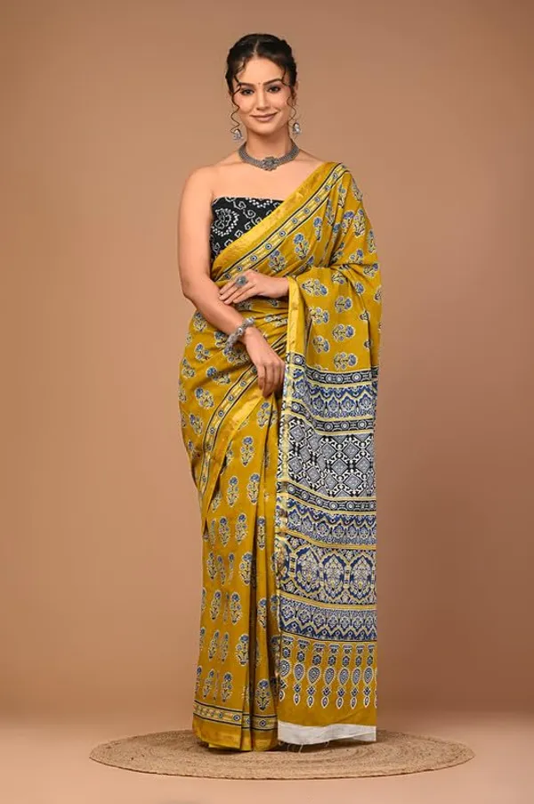 Mustard_Cotton_Block_Prints_Saree_For_Women