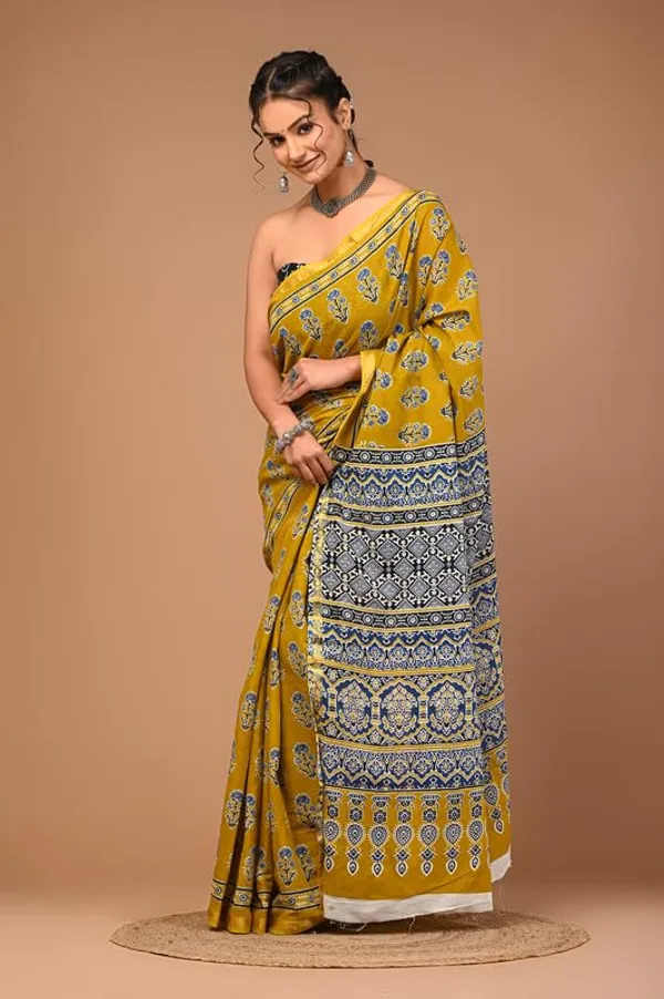 Mustard_Cotton_Block_Prints_Saree_For_Women