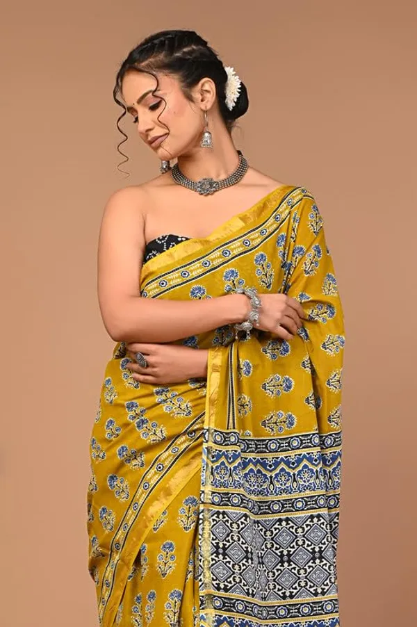 Mustard_Cotton_Block_Prints_Saree_For_Women