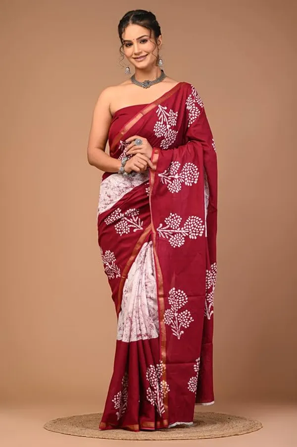 Maroon_Cotton_Block_Prints_Saree_For_Women