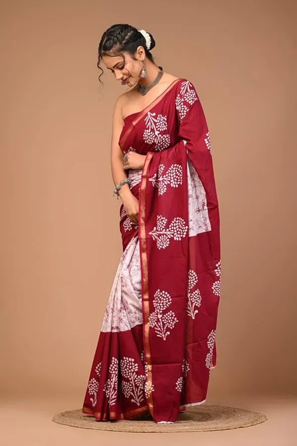 Maroon_Cotton_Block_Prints_Saree_For_Women
