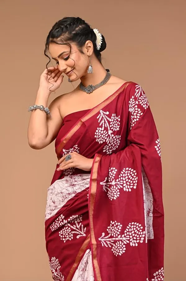 Maroon_Cotton_Block_Prints_Saree_For_Women