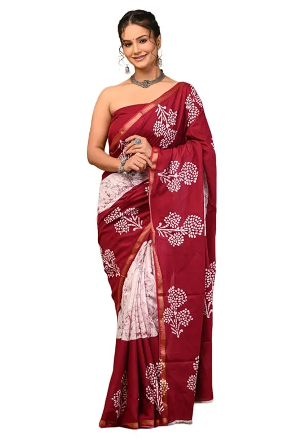 Maroon_Cotton_Block_Prints_Saree_For_Women