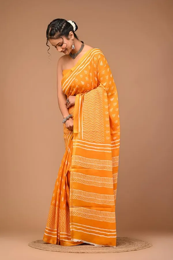 Orange_Cotton_Block_Prints_Saree_For_Women