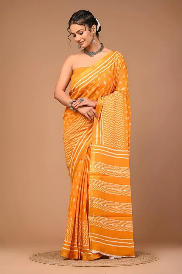 Orange_Cotton_Block_Prints_Saree_For_Women