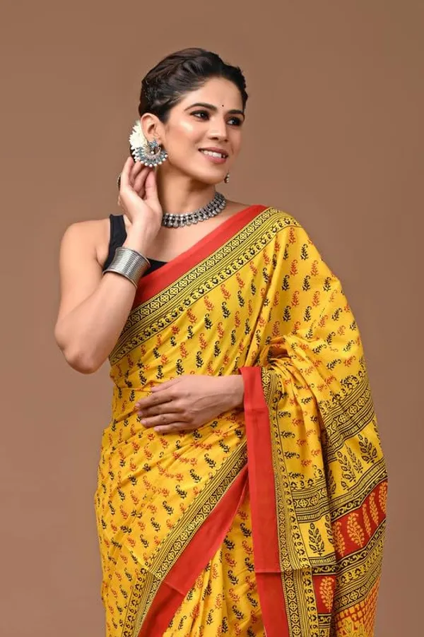 Yellow_Cotton_Block_Prints_Saree_For_Women