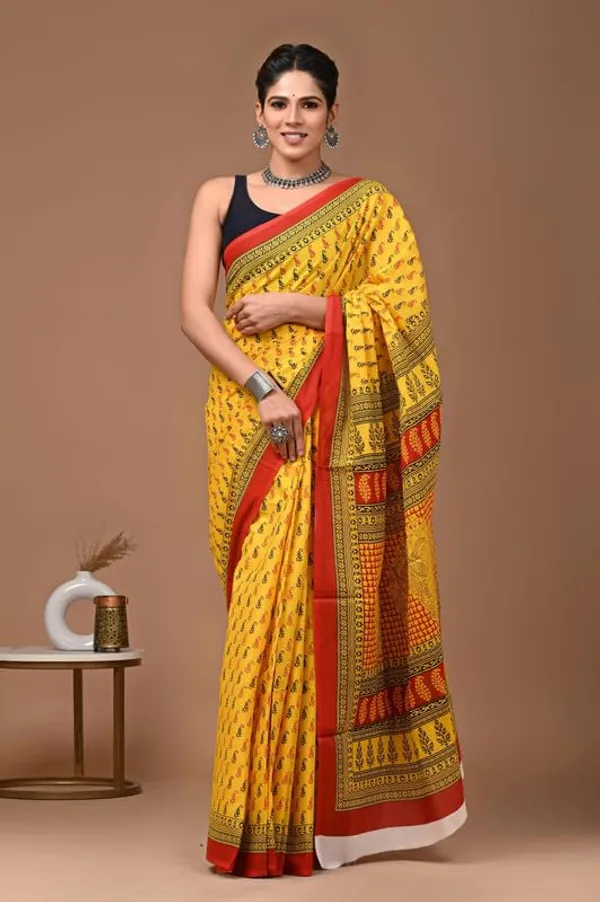 Yellow_Cotton_Block_Prints_Saree_For_Women