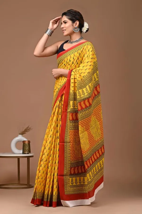 Yellow_Cotton_Block_Prints_Saree_For_Women