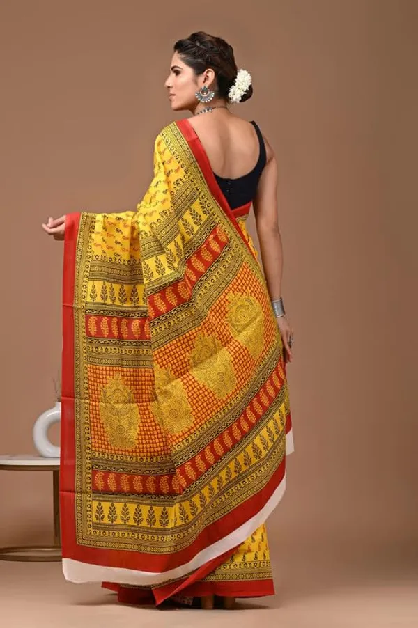 Yellow_Cotton_Block_Prints_Saree_For_Women