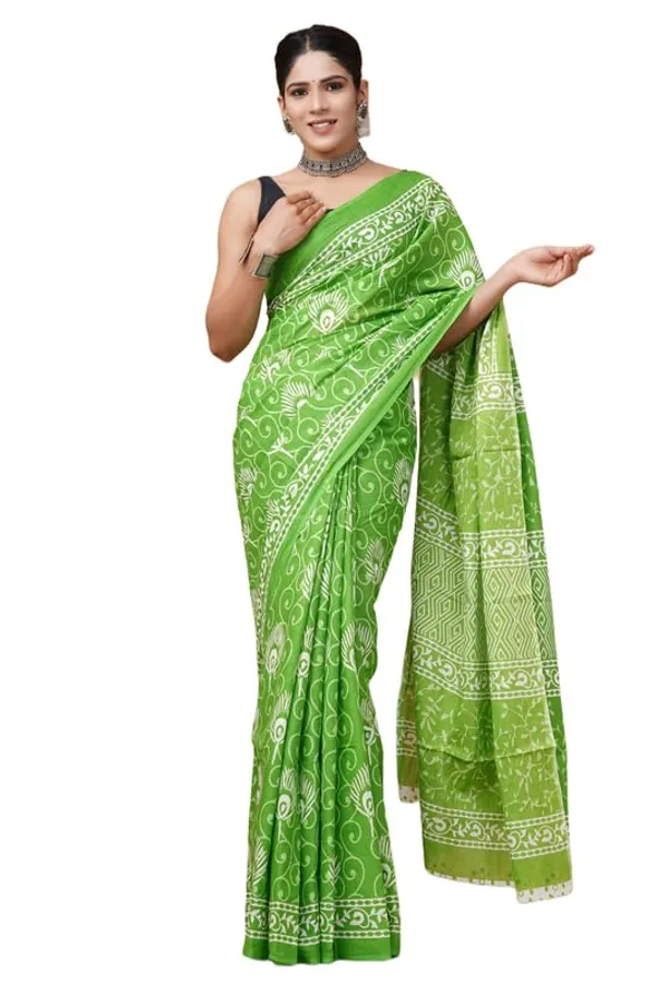 Green_Cotton_Block_Prints_Saree_For_Women