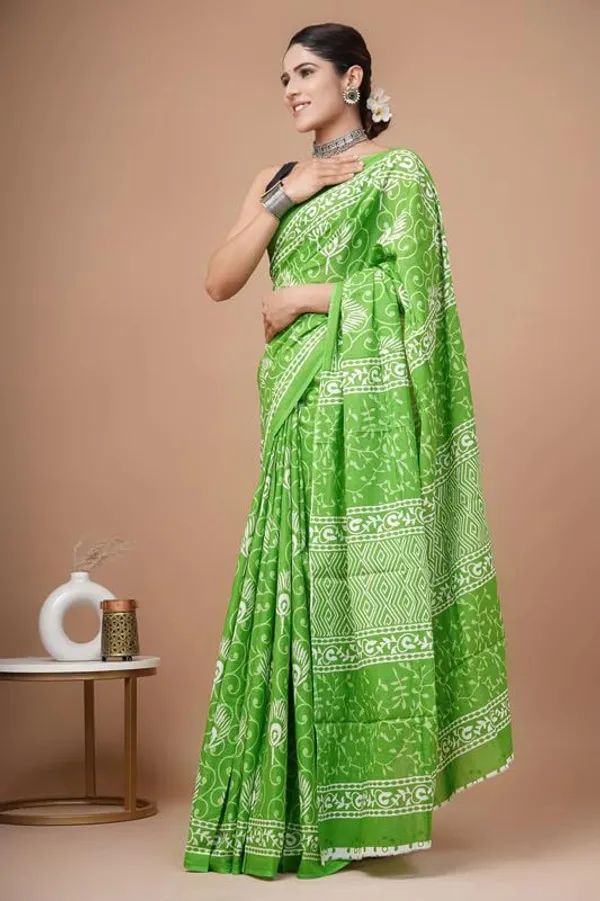 Green_Cotton_Block_Prints_Saree_For_Women
