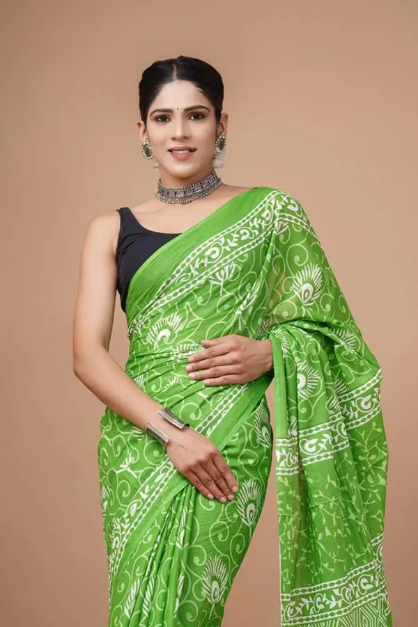 Green_Cotton_Block_Prints_Saree_For_Women