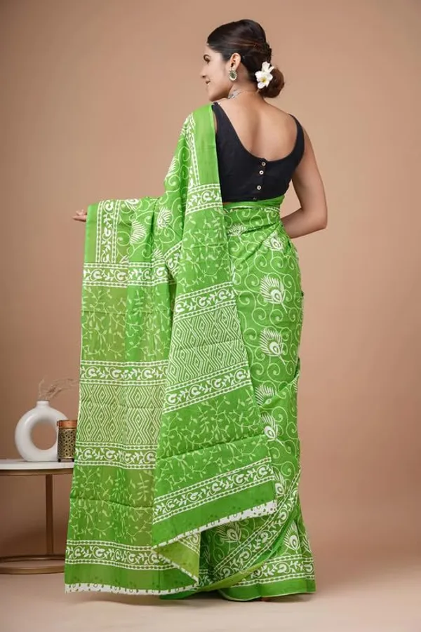 Green_Cotton_Block_Prints_Saree_For_Women