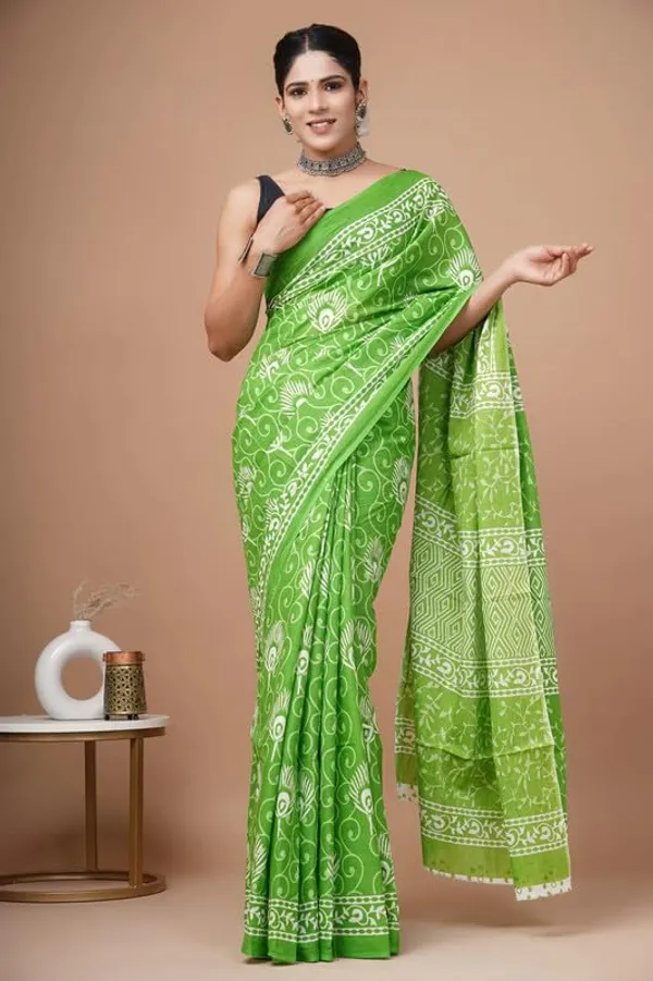 Green_Cotton_Block_Prints_Saree_For_Women